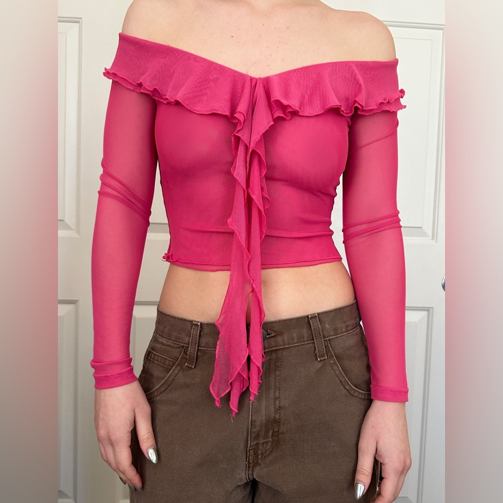 I.AM.GIA Sheer Pink Ruffle Long Sleeve Top
